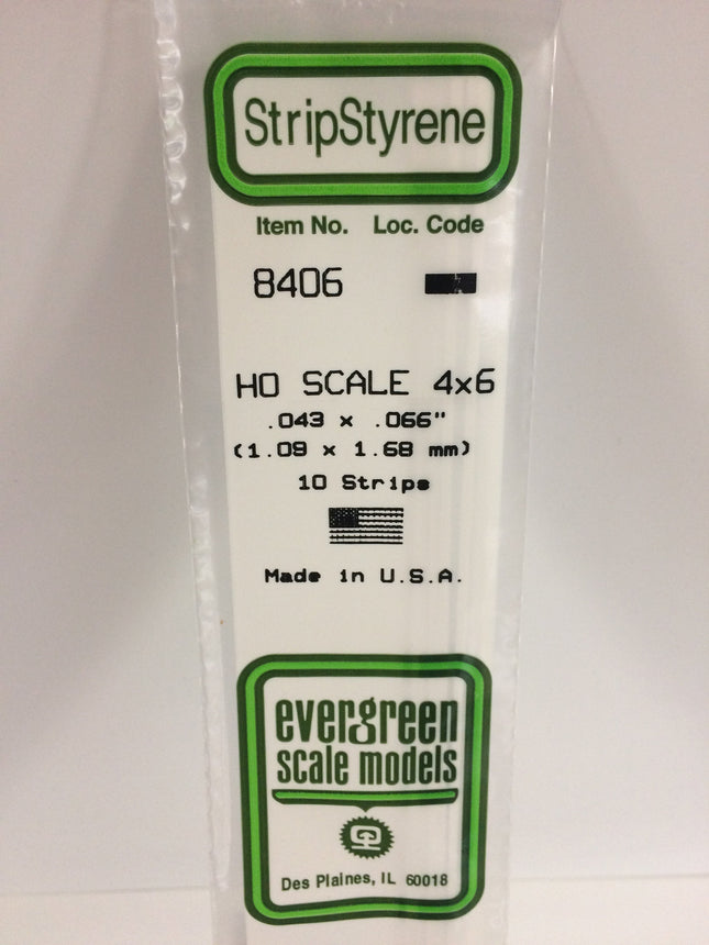Evergreen 8406 .043" x .066" / 1.1mm x 1.7mm White Styrene HO Scale Strips (4 x 6) HO Scale - package