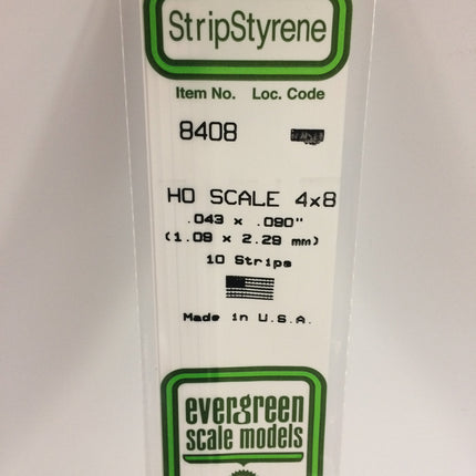Evergreen 8408 .043" x .090" / 1.1mm x 2.3mm White Styrene HO Scale Strips (4 x 8) HO Scale - package