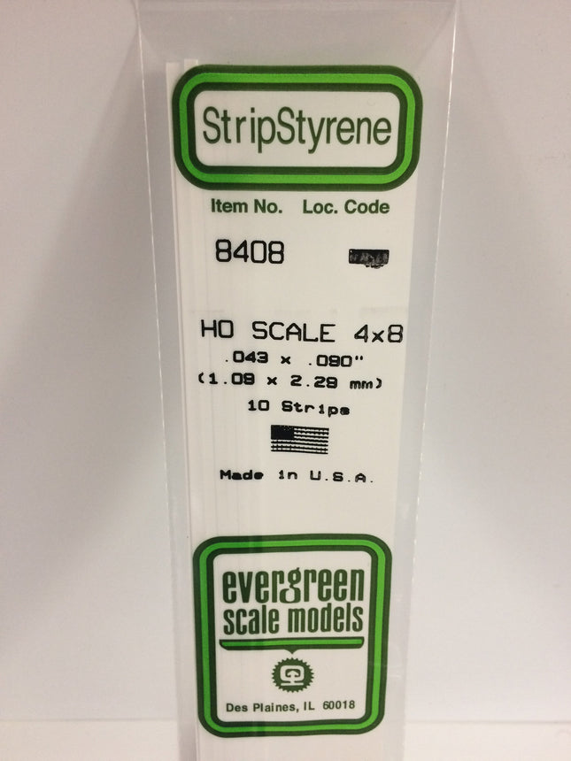 Evergreen 8408 .043" x .090" / 1.1mm x 2.3mm White Styrene HO Scale Strips (4 x 8) HO Scale - package
