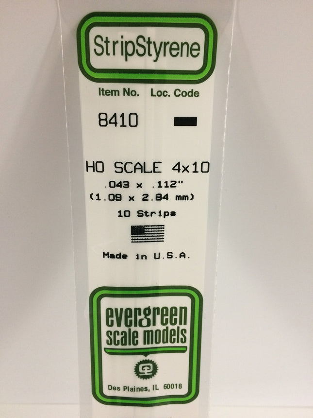 Evergreen 8410 .043" x .112" / 1.1mm x 2.8mm White Styrene HO Scale Strips (4 x 10) HO Scale - package