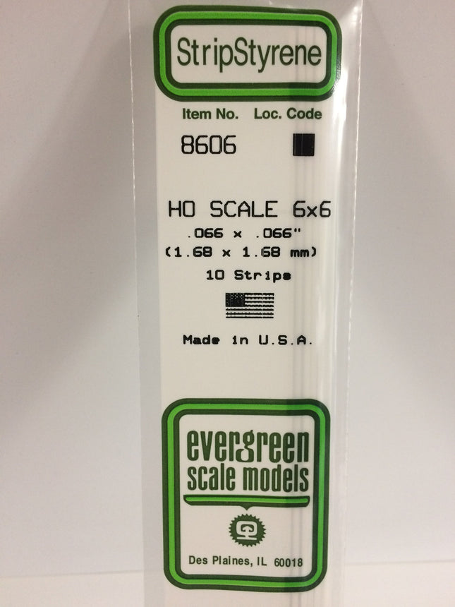 Evergreen 8412 .066" x .066" / 1.7mm x 1.7mm White Styrene HO Scale Strips (6 x 6) HO Scale - package