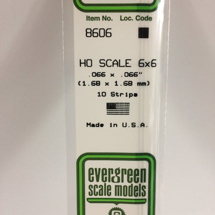 Evergreen 8606 .066" x .066" / 1.7mm x 1.7mm White Styrene HO Scale Strips (6 x 6) HO Scale - package
