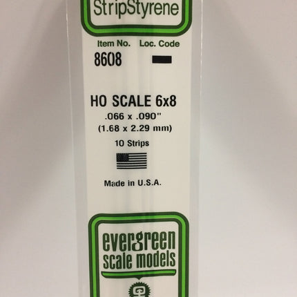 Evergreen 8608 .066" x .090" / 1.7mm x 2.3mm White Styrene HO Scale Strips (6 x 8) HO Scale - package