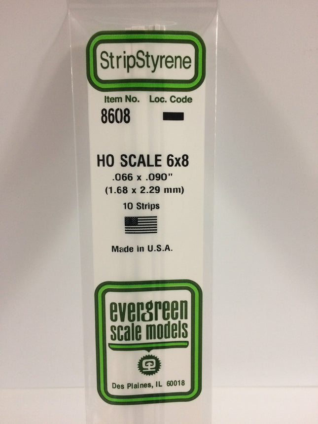 Evergreen 8608 .066" x .090" / 1.7mm x 2.3mm White Styrene HO Scale Strips (6 x 8) HO Scale - package