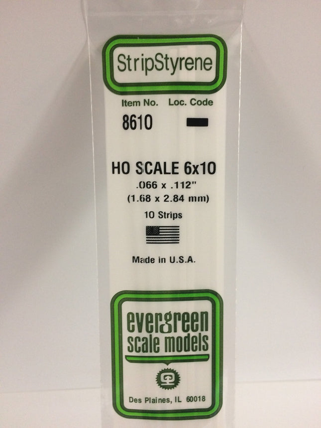 Evergreen 8610 .066" x .112" / 1.7mm x 2.8mm White Styrene HO Scale Strips (6 x 10) HO Scale - package