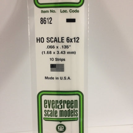 Evergreen 8612 .066" x .135" / 1.7mm x 3.4mm White Styrene HO Scale Strips (6 x 12) HO Scale - package