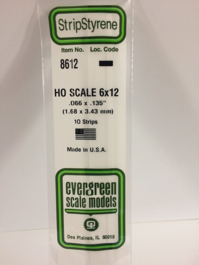 Evergreen 8612 .066" x .135" / 1.7mm x 3.4mm White Styrene HO Scale Strips (6 x 12) HO Scale - package