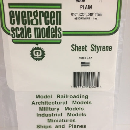 Evergreen 9008 White Styrene Three Sheet Assortment Pack All Scales - package