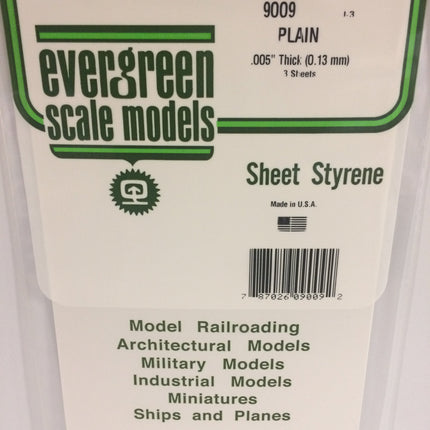 Evergreen 9009 .005" (.13mm) White Styrene Sheet All Scales - package