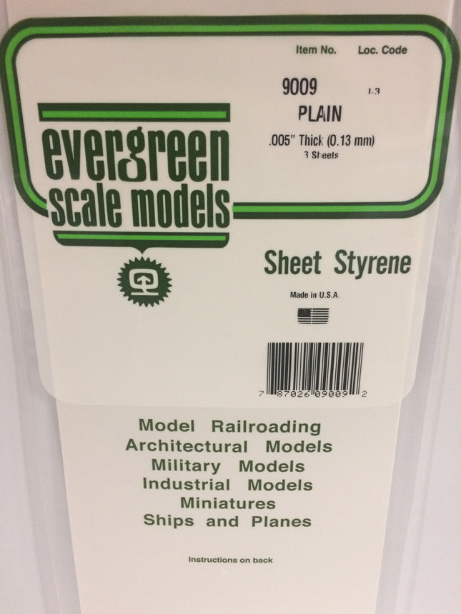 Evergreen 9009 .005" (.13mm) White Styrene Sheet All Scales - package