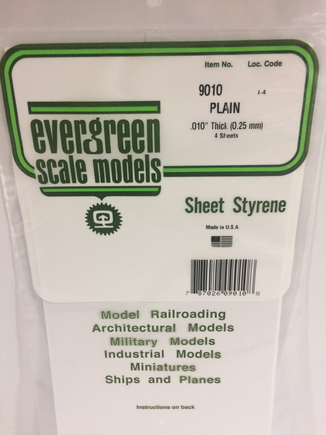 Evergreen 9010 .010" (.25mm) White Styrene Sheet All Scales - package