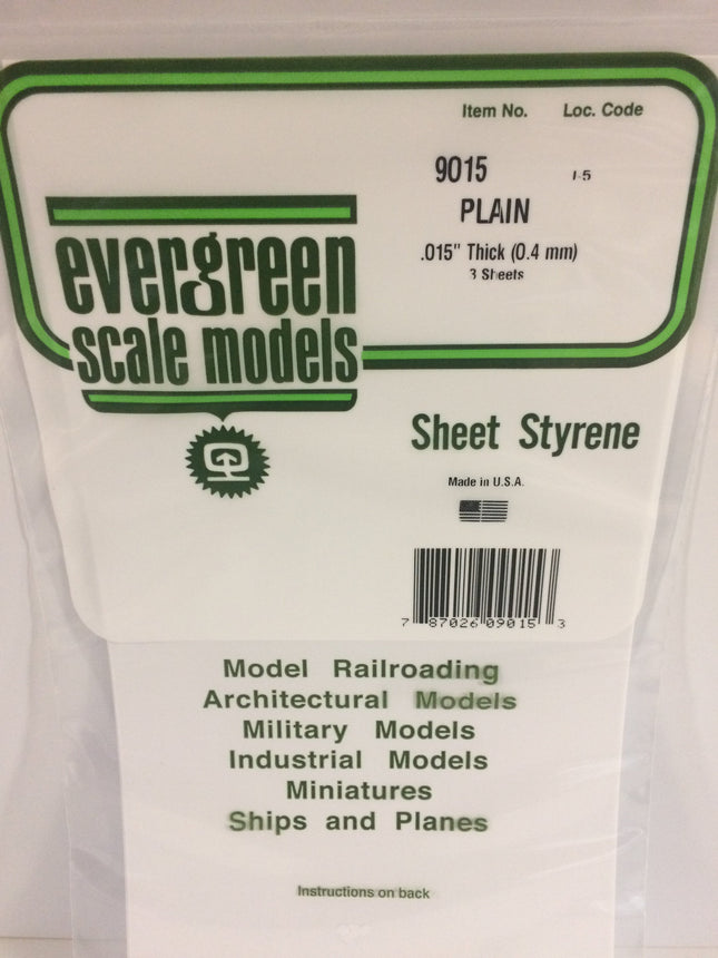 Evergreen 9015 .015" (.38mm) White Styrene Sheet All Scales - package
