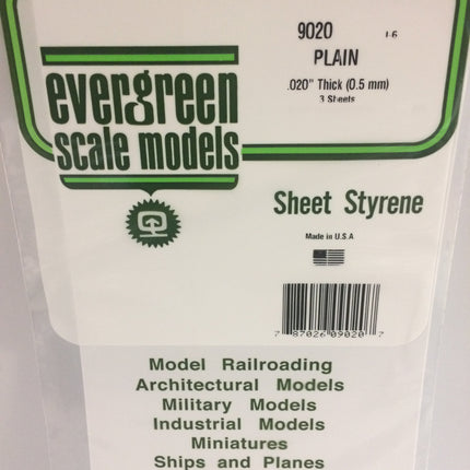 Evergreen 9020 .020" (.50mm) White Styrene Sheet All Scales - package