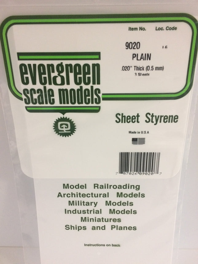Evergreen 9020 .020" (.50mm) White Styrene Sheet All Scales - package