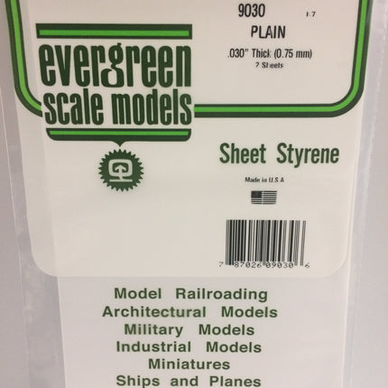Evergreen 9030 .030" (.75mm) White Styrene Sheet All Scales - package