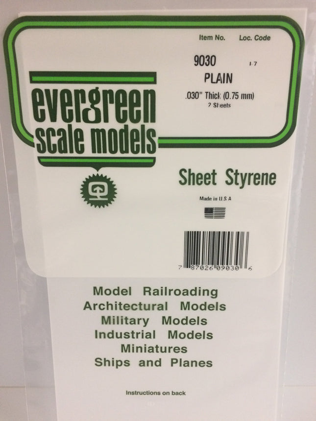 Evergreen 9030 .030" (.75mm) White Styrene Sheet All Scales - package