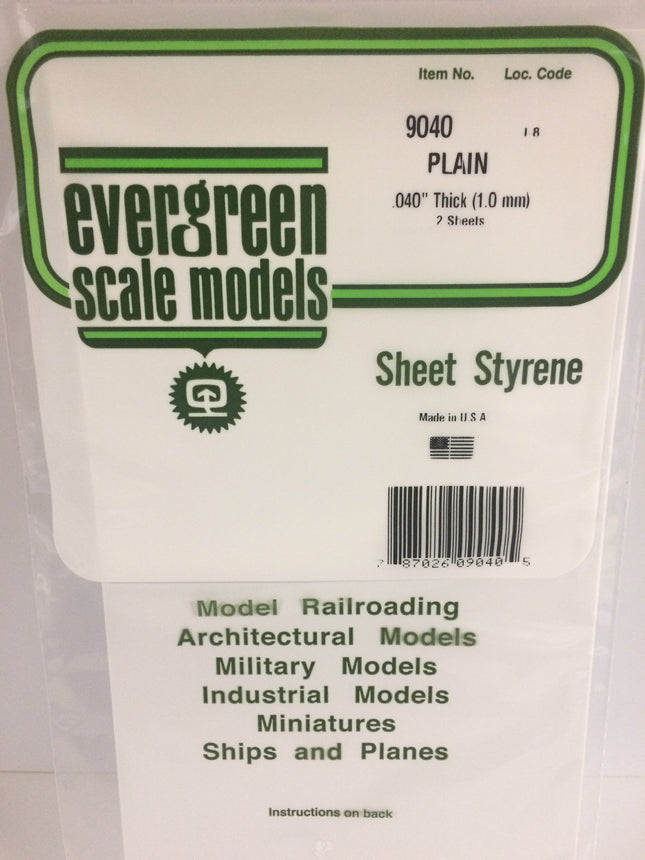 Evergreen 9040 .040" (1.0mm) White Styrene Sheet All Scales - package