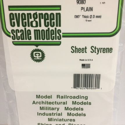 Evergreen 9080 .080" (2.0mm) White Styrene Sheet All Scales - package