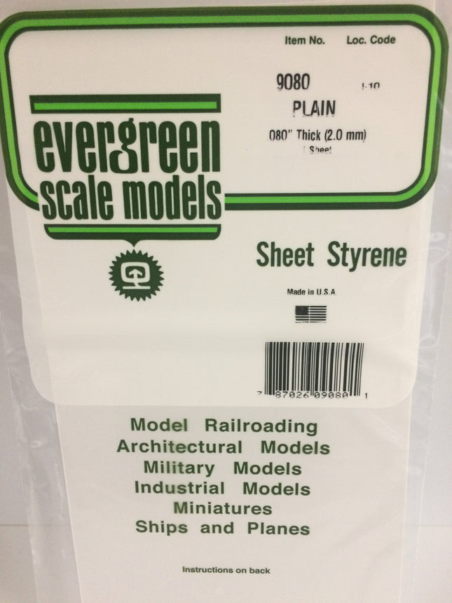 Evergreen 9080 .080" (2.0mm) White Styrene Sheet All Scales - package