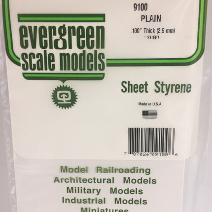 Evergreen 9100 .100" (2.5mm) White Styrene Sheet All Scales - package