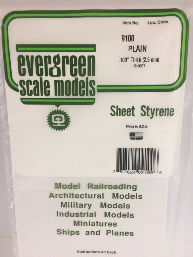 Evergreen 9100 .100" (2.5mm) White Styrene Sheet All Scales - package