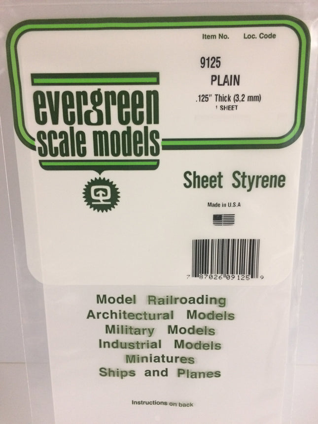 Evergreen 9125 .125" (3.2mm) White Styrene Sheet All Scales - package