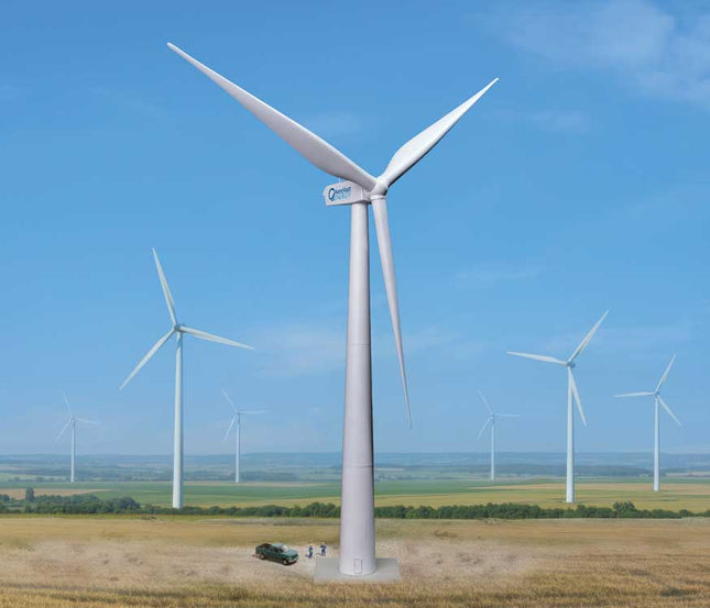 Walthers Cornerstone 933-3355 Wind Turbine Kit HO Scale - assembled turbine in a wind farm scene