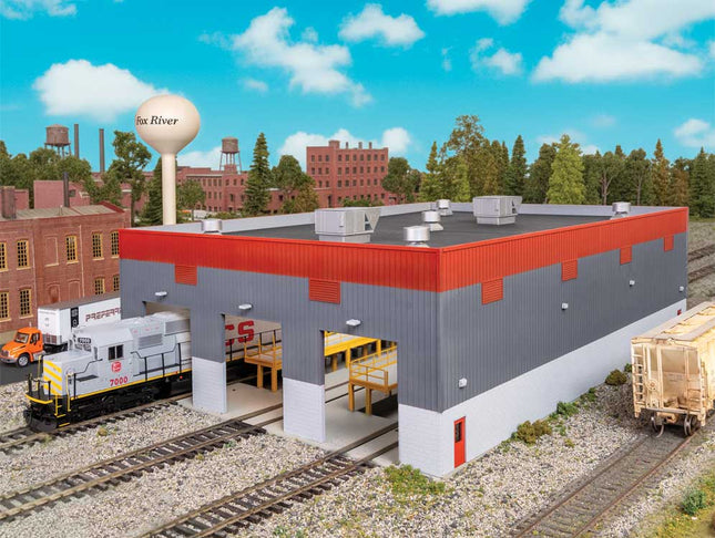 Walthers Cornerstone 933-3908 Modern Diesel Shop Kit HO Scale - assembled shop in an engine terminal scene