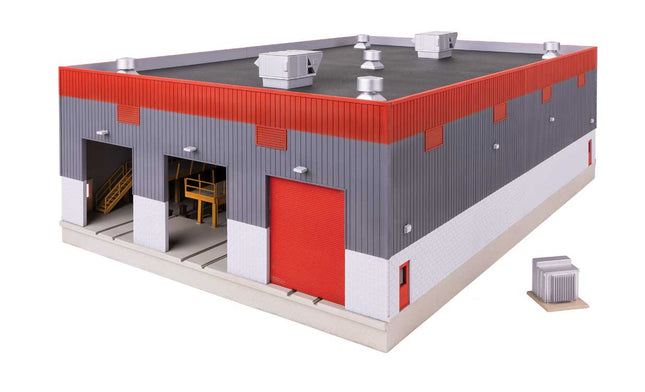 Walthers Cornerstone 933-3908 Modern Diesel Shop Kit HO Scale - assembled model, angled view with roll-up doors