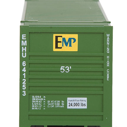 Walthers SceneMaster 949-8503 HO scale 53' Singamas corrugated-side container in EMP green - front end