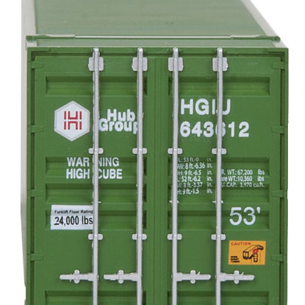 Walthers SceneMaster 949-8505 HO scale 53' Singamas corrugated-side container in Hub Group green - door end