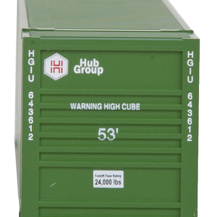Walthers SceneMaster 949-8505 HO scale 53' Singamas corrugated-side container in Hub Group green - front end