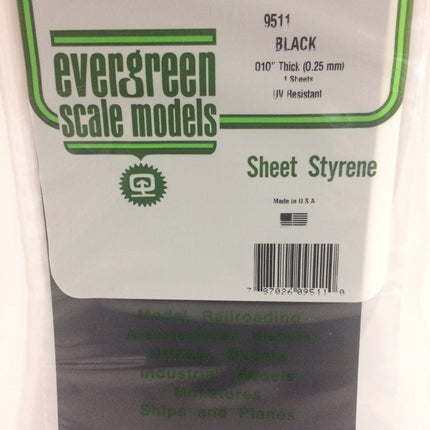 Evergreen 9511 .010" (.25mm) Black Styrene Sheet All Scales - package