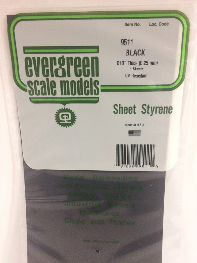 Evergreen 9511 .010" (.25mm) Black Styrene Sheet All Scales - package
