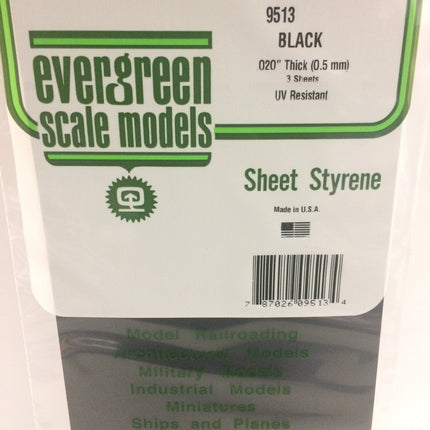 Evergreen 9513 .020" (.50mm) Black Styrene Sheet All Scales - package