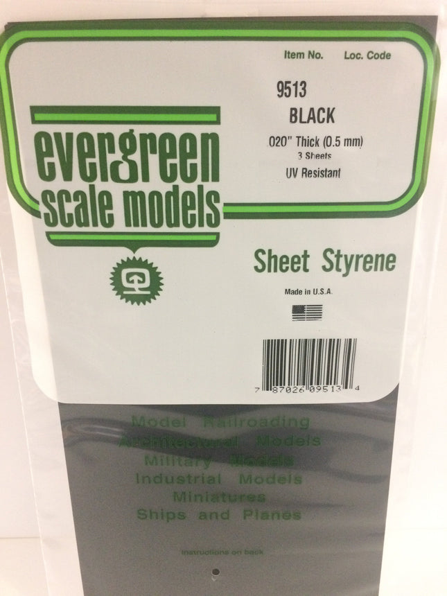 Evergreen 9513 .020" (.50mm) Black Styrene Sheet All Scales - package