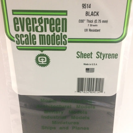 Evergreen 9514 .030" (.75mm) Black Styrene Sheet All Scales - package