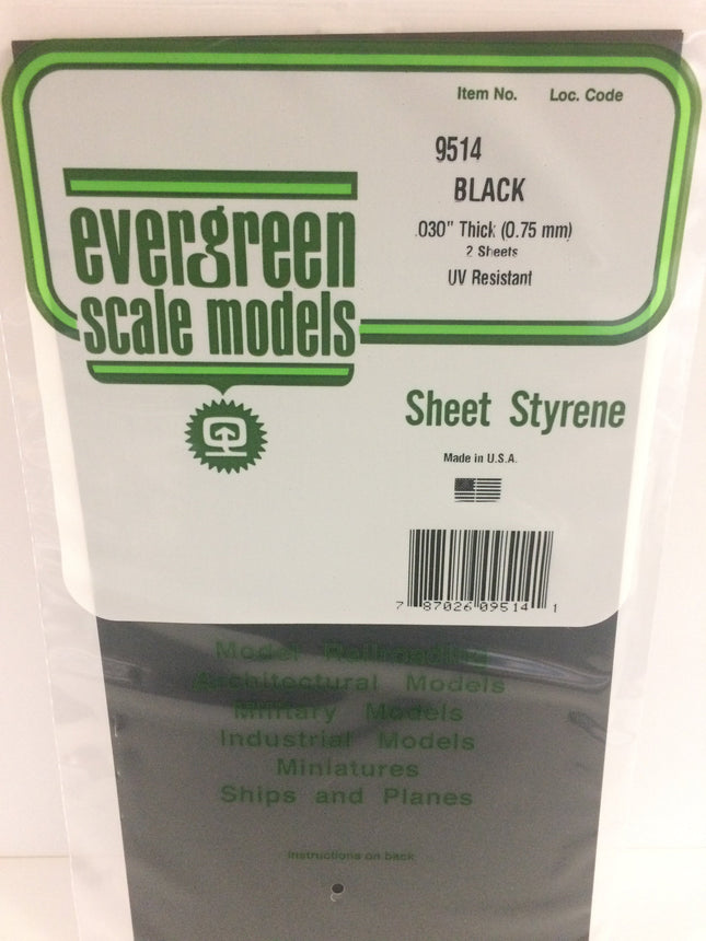 Evergreen 9514 .030" (.75mm) Black Styrene Sheet All Scales - package