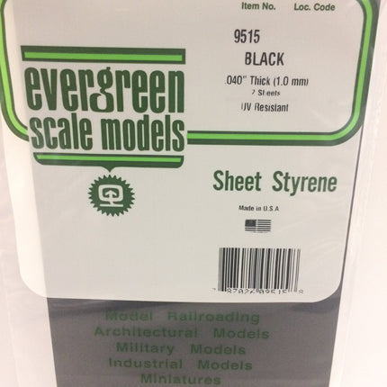 Evergreen 9515 .040" (1.0mm) Black Styrene Sheet All Scales - package