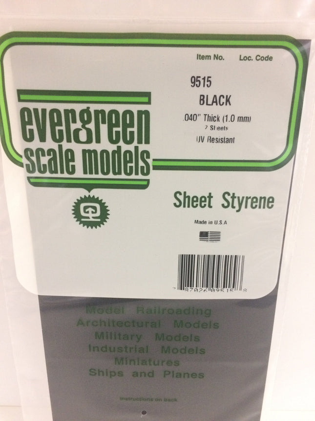 Evergreen 9515 .040" (1.0mm) Black Styrene Sheet All Scales - package