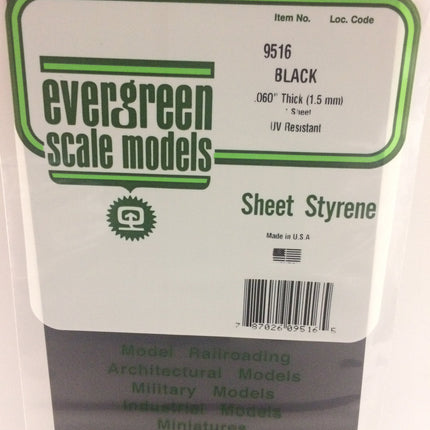 Evergreen 9516 .060" (1.5mm) Black Styrene Sheet All Scales - package