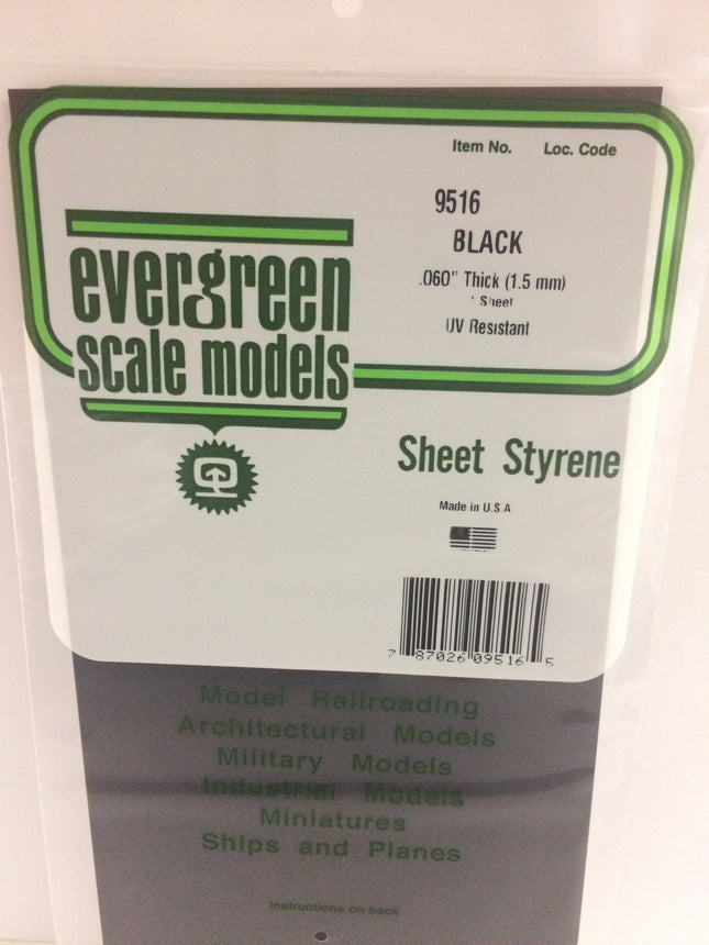 Evergreen 9516 .060" (1.5mm) Black Styrene Sheet All Scales - package