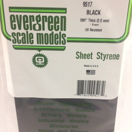 Evergreen 9517 .080" (2.0mm) Black Styrene Sheet All Scales - package
