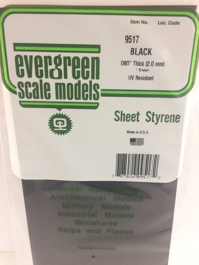 Evergreen 9517 .080" (2.0mm) Black Styrene Sheet All Scales - package
