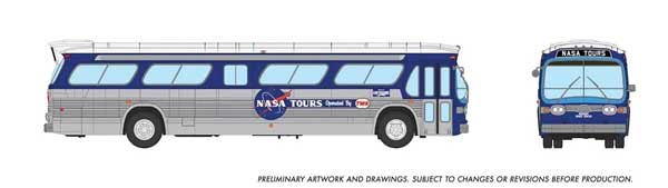 Rapido 753124 HO scale GMC New Look Bus in early NASA Tour Bus livery, side and front view with NASA TOURS destination sign