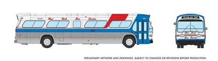 Rapido 753128 HO scale GMC New Look Bus in New York Bus Service livery, side and front view of bus #1485 PELHAM BAY PARK
