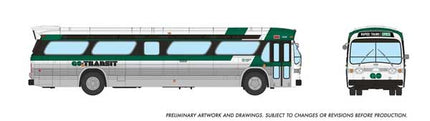 Rapido 753105 HO scale GMC New Look Bus in GO Transit Late livery, side and front view of bus #1029