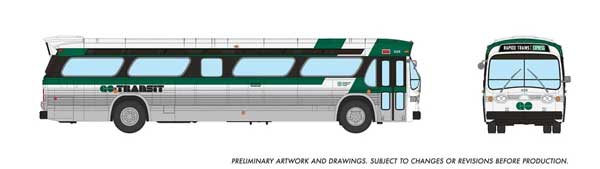 Rapido 753105 HO scale GMC New Look Bus in GO Transit Late livery, side and front view of bus #1029
