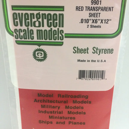 Evergreen 9901 .010" Red Transparent Styrene Sheet All Scales - package
