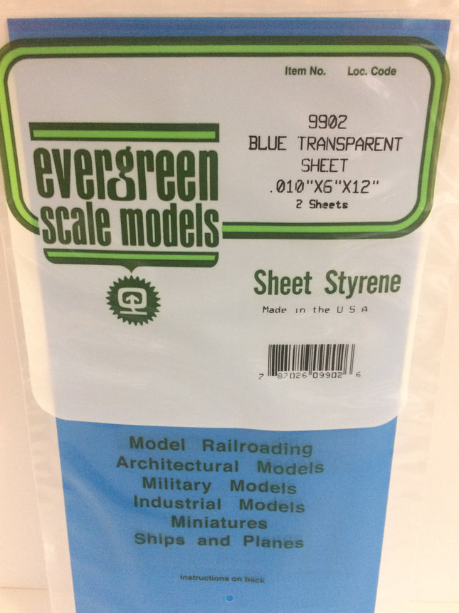 Evergreen 9902 .010" Blue Transparent Styrene Sheet All Scales - package